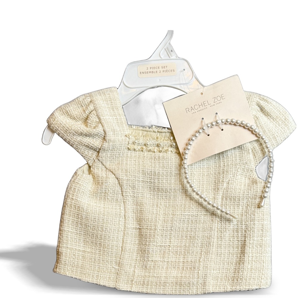 Rachel Zoe Kids Girls 2‎ PC Ivory Tweed Dress Pearl Headband Set Outfit Size 4T
